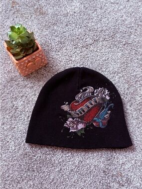 Vintage Y2K Sinful Black Knit Beanie with Script Logo Tag Very Rare